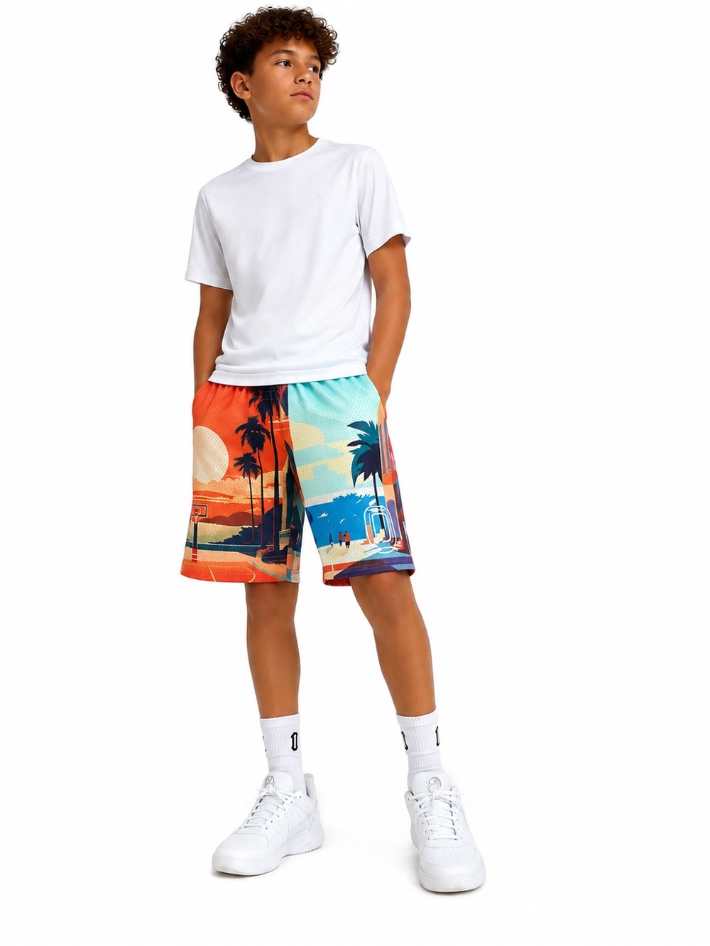 Overtime Youth XL Basketball Shorts Sunset Palm Tree Graphic Mesh